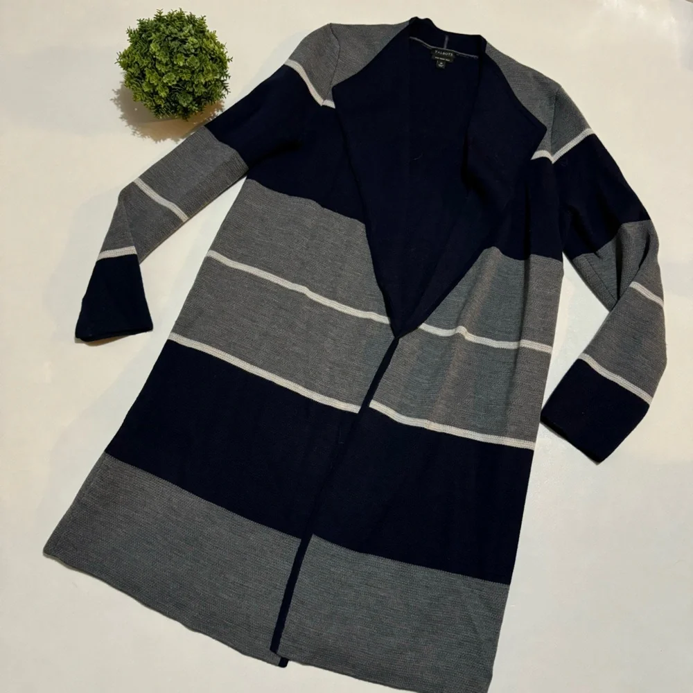 Talbots Pure Merino‎ Wool Navy Blue Gray Striped Knit Long Cardigan Sweater M